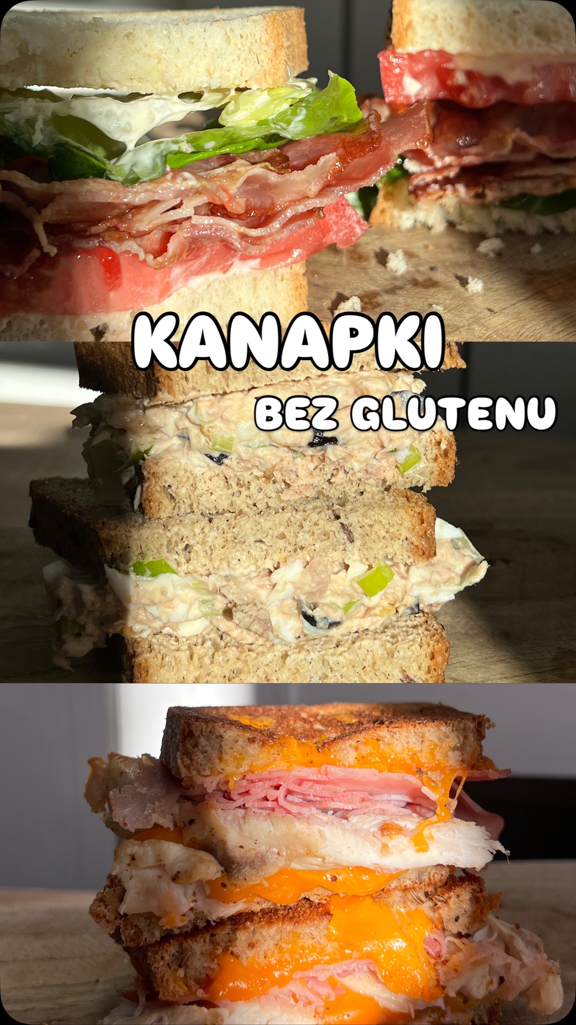 Kanapka BLT; kanapka z kurczakiem, szynką i serem; kanapka z pastą z tunczyka, jajek, oliwek i szczypiorku