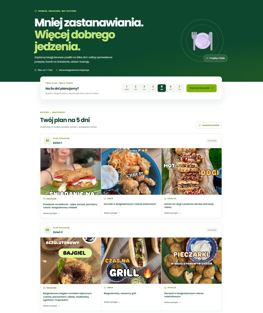 Ilustracja tygodniowego planera posiłków z propozycjami dań